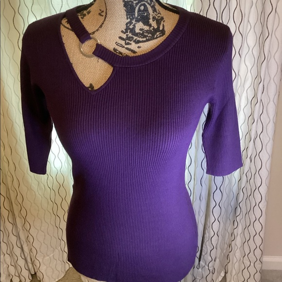 INC International Concepts Sweaters - I.N.C. Asymmetrical Neck Ribbed Top with Nickel Ring Detail Sz S